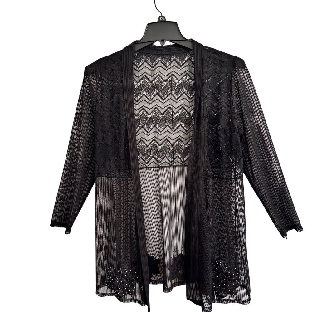 Women's Open Front Lace Cardigan Black SZ L Rhinestone Floral Witchy Whimsgoth - Picture 1 of 8